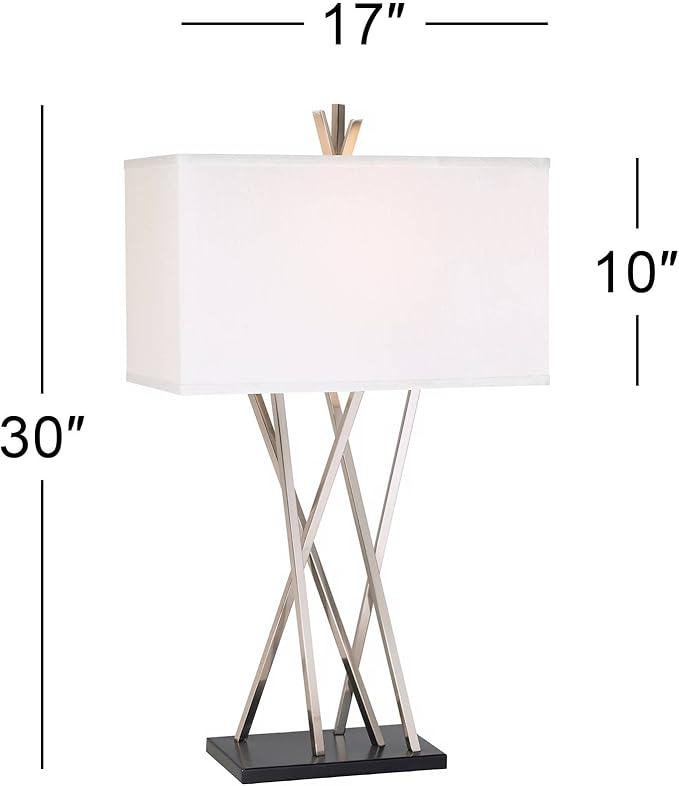 Possini Euro Design Modern Table Lamp 30" Tall Brushed Nickel Silver Open Asymmetry Metal White Linen Rectangular Box Shade for Bedroom Living Room House Home Bedside Nightstand Office Kids Family
