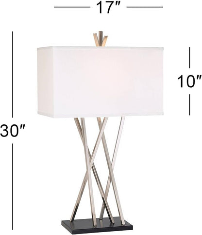 Possini Euro Design Modern Table Lamp 30" Tall Brushed Nickel Silver Open Asymmetry Metal White Linen Rectangular Box Shade for Bedroom Living Room House Home Bedside Nightstand Office Kids Family