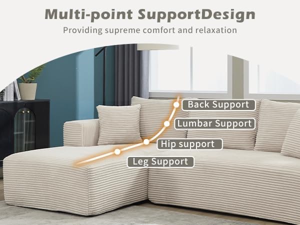 PELUMY 108.7" L-Shaped Modular Sectional Sofa with Oversized Chaise, Cloud Couch with Memory Foam, No Assembly Required Sleeper Sofa for Small Space Living Room, Apartment (Beige, Corduroy)