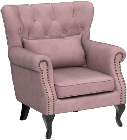 Mid Century Modern Accent Chair Upholstered Armchair Comfy Velvet Fabric Single Sofa with Tufted Wingback for Small Spaces Bedroom Living Room, Pink