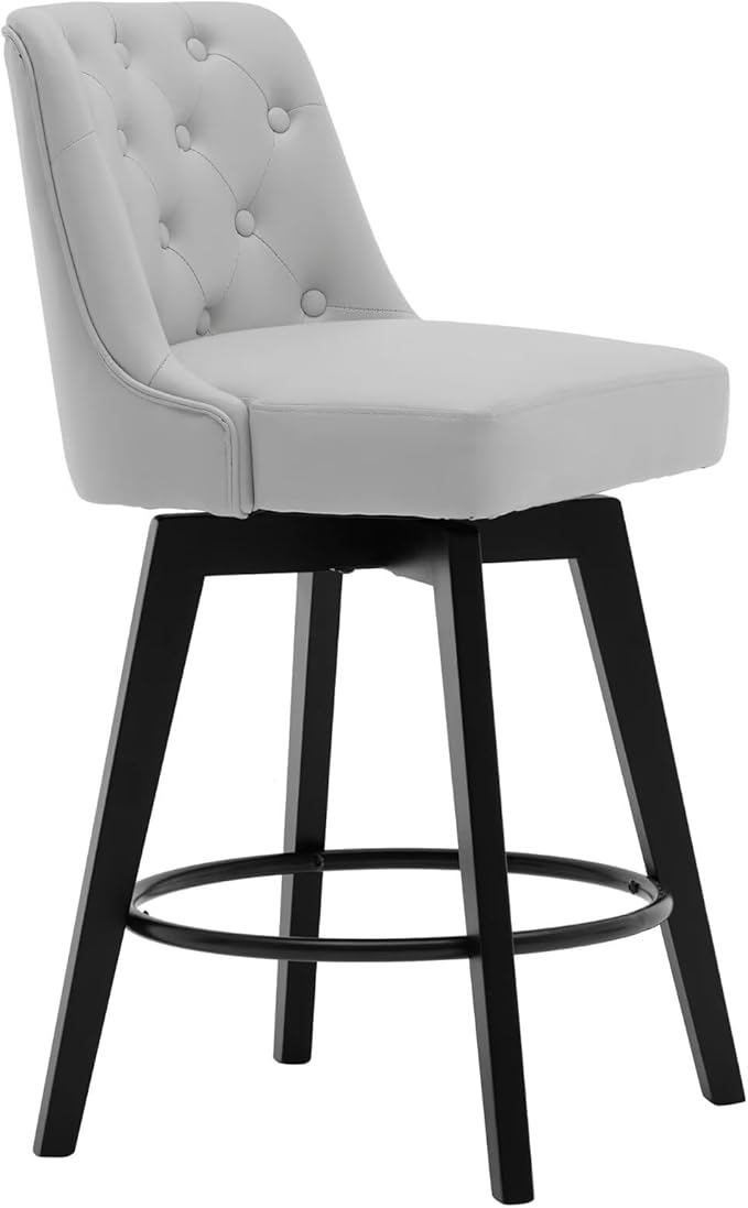 MINCETA Bar Stools Set of 2, PU Leather Barstools, 26 Inch Upholstered Counter Stools with Low Tufted Back and Footrest, Swivel Counter Height Barstools for Kitchen Island Home Bar Light Gray