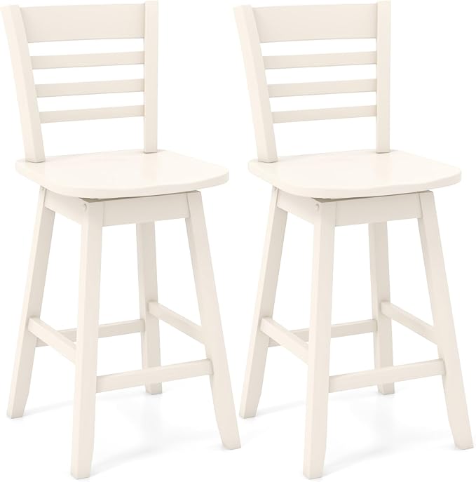 COSTWAY Bar Stools Set of 2, 24.5 Inch Swivel Counter Height Bar Chairs with Hollow Backrest & Contoured Seat, with Footrest for Kitchen Island, Pub, Bistro, Cafe (2, Cream)