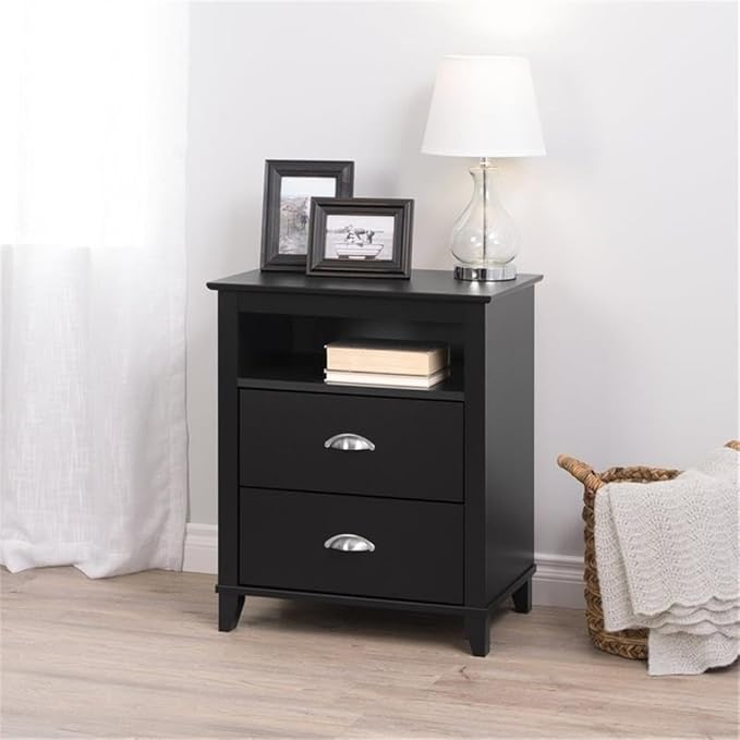 Prepac Yaletown Traditional 2-Drawer Tall Nightstand Side Table, Bedside Table with 2 Drawers and Open Shelf 16" D x 23" W x 28" H, Black, BDNH-1202-1