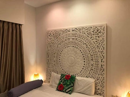 Wood Headboard Rustic | Carved Full Headboard Only | Wooden Headboard Full Size Bed | Wall Mount Headboard King or Queen | Full Bed Headboard Panels (Seruni White, California King)