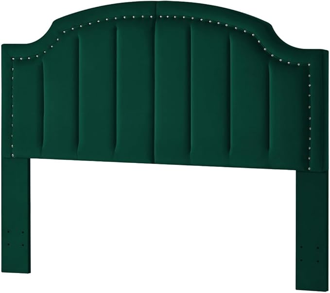 24KF Velvet Fabric Upholstered Queen/Full Headboard with Nail Trims,Modern Vertical Channel Design with Curved Headboard, 6052-Q-Jade