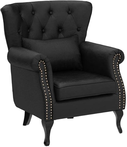 Mid Century Modern Accent Chair Upholstered Armchair Comfy Velvet Fabric Single Sofa with Tufted Wingback for Small Spaces Bedroom Living Room, Black