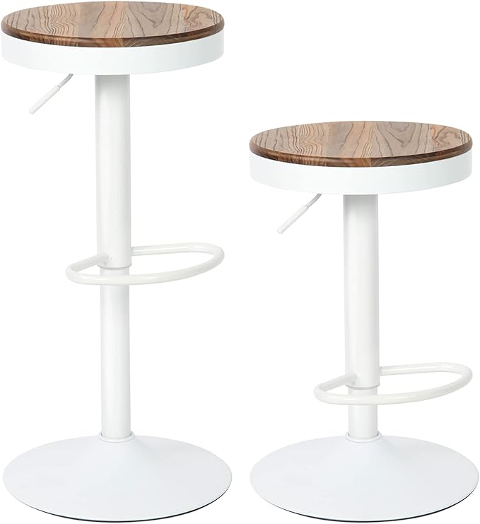 Kidol & Shellder Bar Stools Set of 2 Round Adjustable Swivel Barstools Modern Backless Bar Chairs Wooden Seat Counter Height Stools Armless for Kitchen Island, Cafe, Dining Room White
