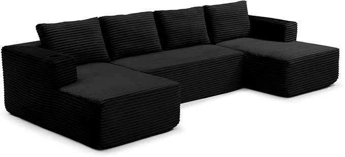 132 Inch Modular Sectional Sleeper Sofa, Boneless Cloud Couch for Living Room, U Shaped 5 Seat Sofa with 2 Cup Holders, Free Combination, No Assembly Required (Black)