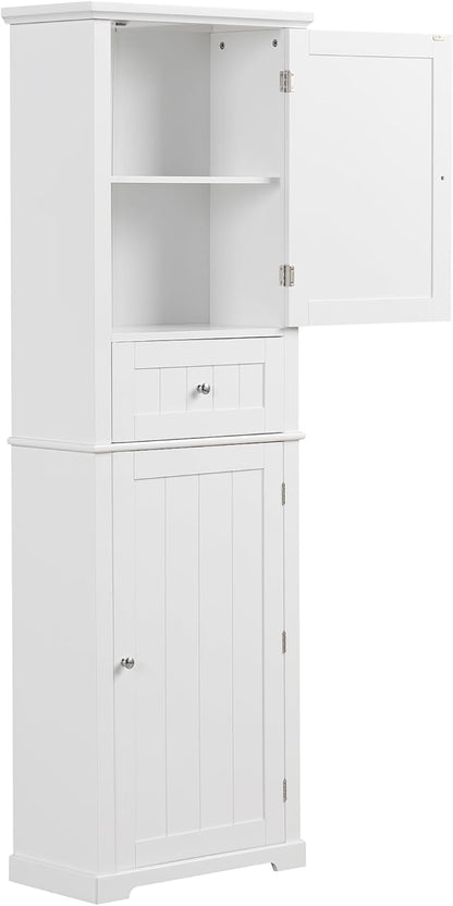 Tall Storage Cabinet, Bathroom Floor Freestanding Storage Cabinet with 2 Doors, One Drawer, and Adjustable Shelf for Bathroom, Office, Living Room, White