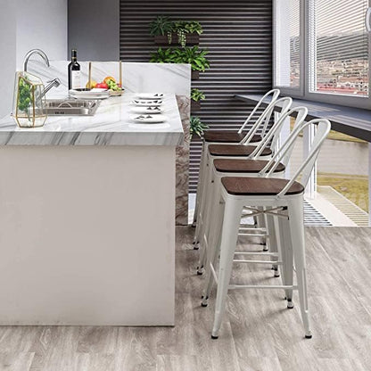 Aklaus Swivel Metal Bar Stools with Backs Counter Stools Set of 4 Counter Height Stools High Back Bar Chairs 24 Inch Barstools Farmhouse White Cream