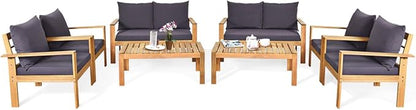 COSTWAY 8 Pieces Outdoor Acacia Wood Sofa Set, Outdoor Conversation Sofa Set with Table & Cushions Porch Chairs for Garden, Patio, Deck