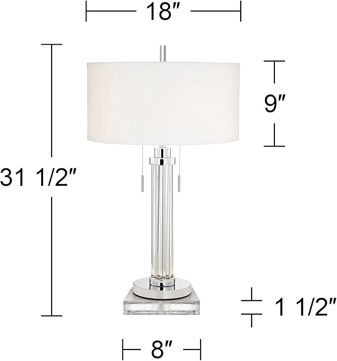 Possini Euro Design Cadence Modern Table Lamp 33" Tall with Square Riser Linear Clear Glass Rod White Linen Drum Shade for Bedroom Living Room House Home Bedside Nightstand Office Entryway Family