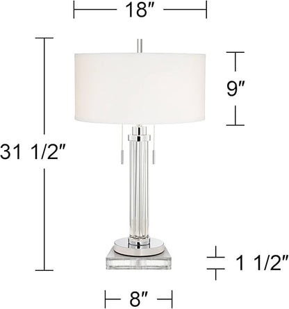 Possini Euro Design Cadence Modern Table Lamp 33" Tall with Square Riser Linear Clear Glass Rod White Linen Drum Shade for Bedroom Living Room House Home Bedside Nightstand Office Entryway Family