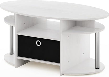 Furinno Jaya Simple Design Oval Coffee Table with Bin for Living Room, White Oak/Chrome/Black