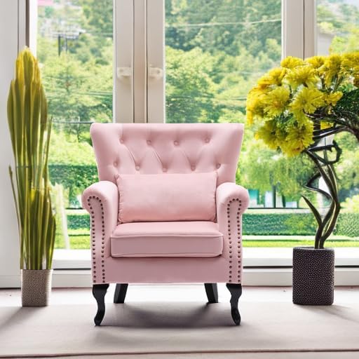 chairus Mid-Century Modern Accent Chair Comfy Tufted Single Sofa Chair Wingback Armchair with Pillow for Club, Living Room, Bedroom - Velvet, Pink