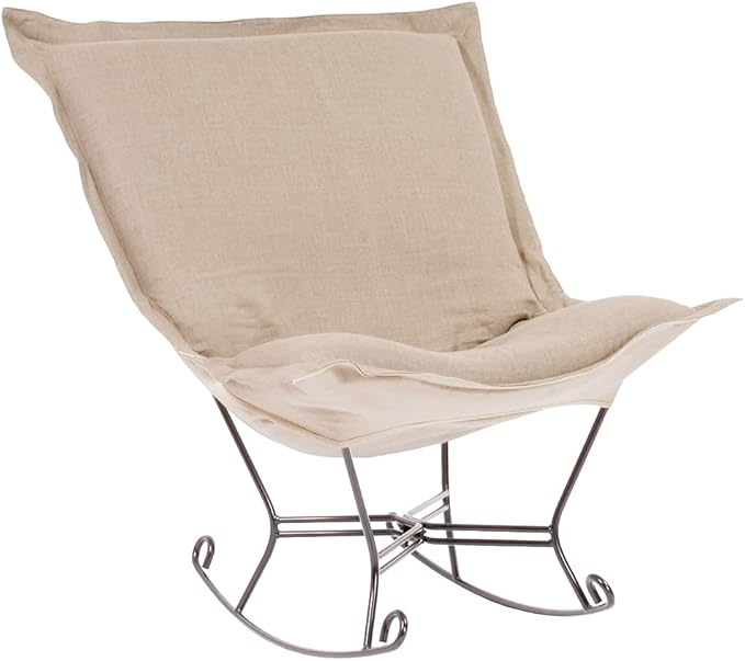 Howard Elliott Scroll Puff Rocker Seating Chair With Cover, Multipurpose Alternate Seating Butterfly Chair with Titanium Frame, Patio Furniture for Camping, Home, Indoor & Outdoor, Prairie Natural