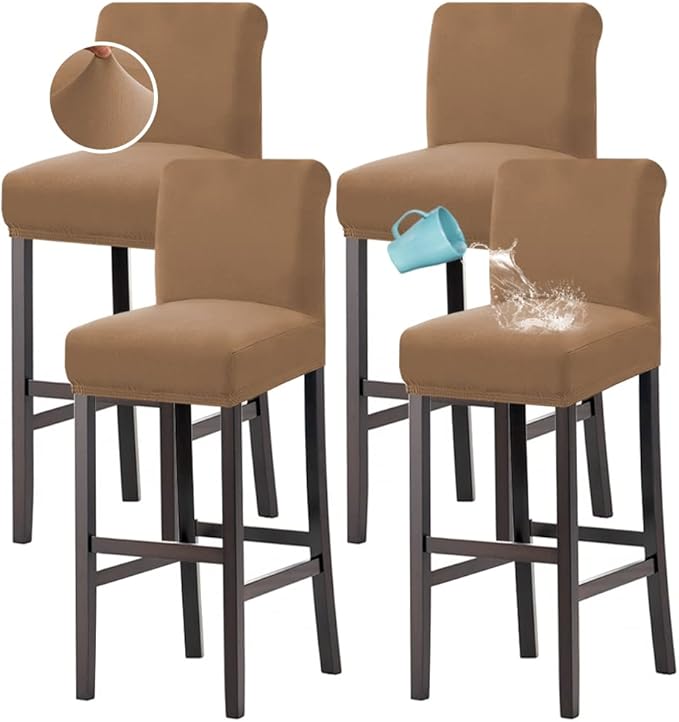 H.VERSAILTEX 100% Waterproof Bar Stool Cover Stretch Counter Stool Pub Chair Slipcover for Dining Room Removable Soft Thick Solid Fleece Fabric Bar Stool Slipcovers Set of 4, Sand