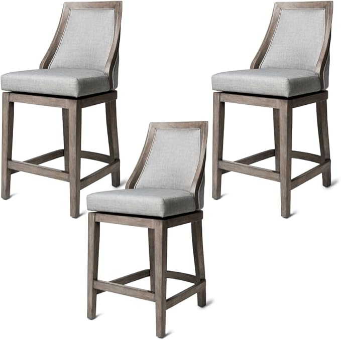 Maven Lane Vienna Counter Stools 26 Inches – Set of 3 – Swivel Stools with Footrests – Grey Solid Wood and Grey Fabric Upholstery – Ideal for Kitchen Islands and Counters