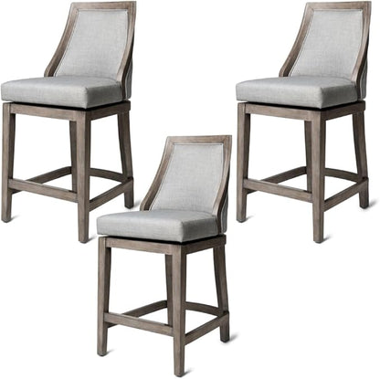 Maven Lane Vienna Counter Stools 26 Inches – Set of 3 – Swivel Stools with Footrests – Grey Solid Wood and Grey Fabric Upholstery – Ideal for Kitchen Islands and Counters