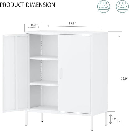 Metal Locker Storage Cabinet, Accent Sideboard Cabinet with Adjustable Shelves for Home Office, Garage, Kitchen, Living Room (White, 40" H-Metal Doors)