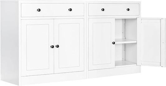 BESFUR Buffet Metal Cabinet with Storage 32”,White Sideboard Farmhouse Storage Cabinet with Adjustable Shelves, 2 Drawer and 4 Doors for Entryway Living Room, Bathroom, Kitchen,Home Office,Apartment