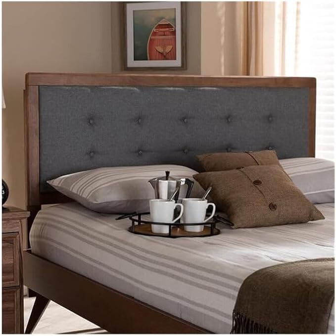 Mid-Century Marvel Fabric Upholstered Walnut Brown Finished Wood Headboard, Wall Mount Headboard Full/Dark Gray