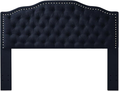 24KF Upholstered Button Tufted Queen Headboard with Nailhead Trim, Elegant Boucle Fabric Full headboard, 6031-Q-Boucle-Navy