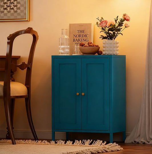 Coffee Bar Cabinet, Metal Sideboard Buffet Cabinet,Metal Storage Cabinet with 2 Doors and Adjustable Shelves for Kitche, Living Room, Entryway, Bathroom,Office (Blue, 31.5" H)