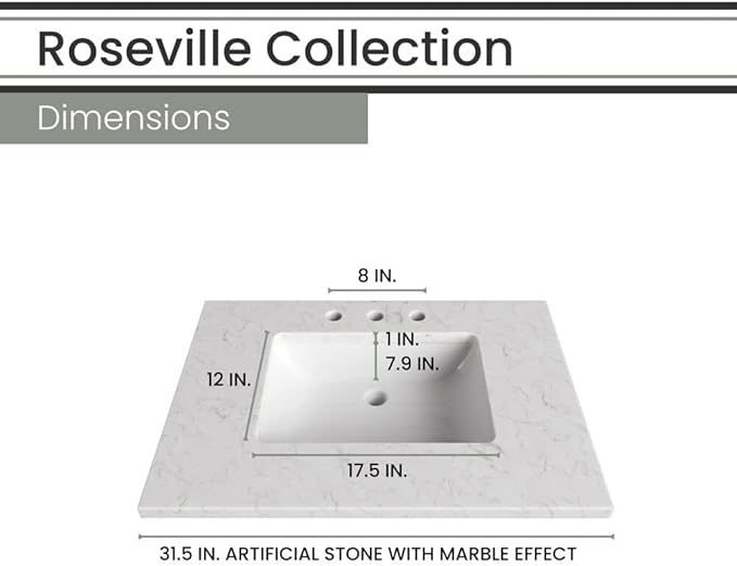 Hanover Roseville 31'' Vanity Cabinet with Sink Combo for Bathroom, Powder Room | Pre-Assembled Cabinet | 2 Drawers, Bottom Shelf | Artificial Stone Countertop | White Cabinet | HANVN0108-31-1WH