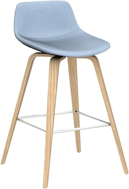 SIMPLIHOME Randolph Counter Stools (Set of 2) - 28 Inch Seat Height Upholstered Bentwood Kitchen Seats in Denim Blue Polyester Linen, Mid Century Modern Seating with Curved Backrest and Footrest