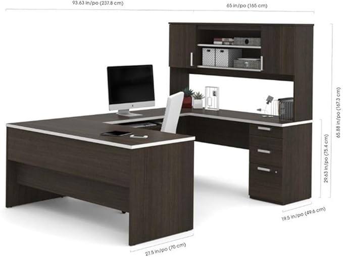 Pemberly Row U Shaped Modern Executive Computer Desk with Pedestal and Hutch in Brown Chocolate