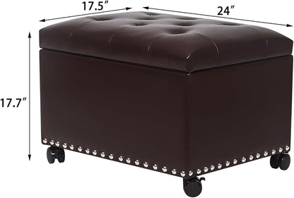 Joveco Leather Storage Ottoman with 360° Caster Wheels 24" Foot Rest Bench Rectangle Ottomans Stool for Living Room Bedroom (Brown, Wheels)