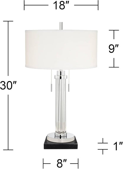 Possini Euro Design Cadence Modern Table Lamp 30" Tall with Square Black Marble Riser Linear Glass Rod White Linen Drum Shade for Bedroom Living Room Nightstand Bedside Night Stand Office Kids Room
