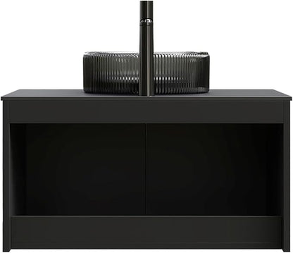 30 Inch Bathroom Vanity with Sink, Floating Fluted Vanity with Vessel Sink, Modern Bathroom Vanity Cabinet with 2 Doors with Metal Trim, Round Glass Sink & Sintered Stone Top, Black
