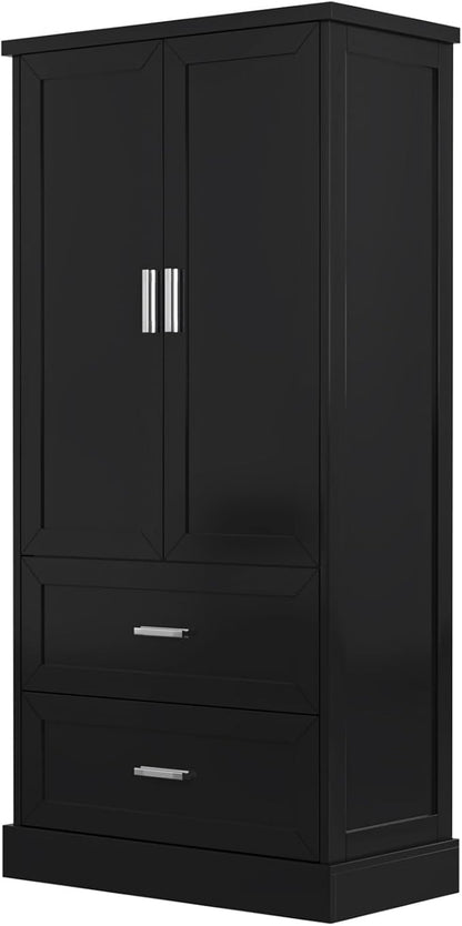 Polibi Tall Storage Cabinet with 2 Doors, 2 Drawers, 4-Tier Storage Racks of Each Door, Adjustable Shelf, Floor Free-Standing Cabinet for Bathroom, Living Room, MDF Board, Black