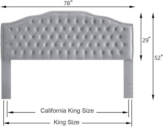 24KF Upholstered Button Tufted King Size Headboard with Nailhead Trim, Soft Velvet Fabric Headboard King/Cal King Size, Gray