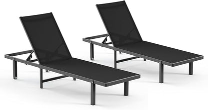 Pool Lounge Chairs Set of 2，Outdoor Lounge Chairs with Wheels and 5-Position Recliner -Easy to Move- Aluminum Patio Lounge Chair for Poolside, Deck (Black)