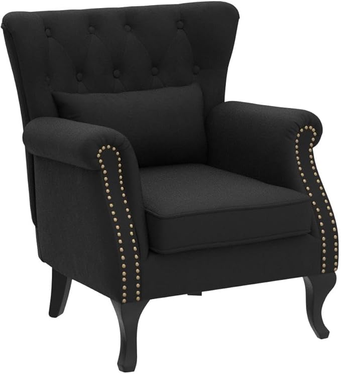 Accent Reading Arm Chairs for Living Room Bedroom, Midcentury Modern Comfy Corner Sofa Chair, Wingback Waiting Room Club Chair with Button Tufted Back &Lumbar Pillow, Velvet Black