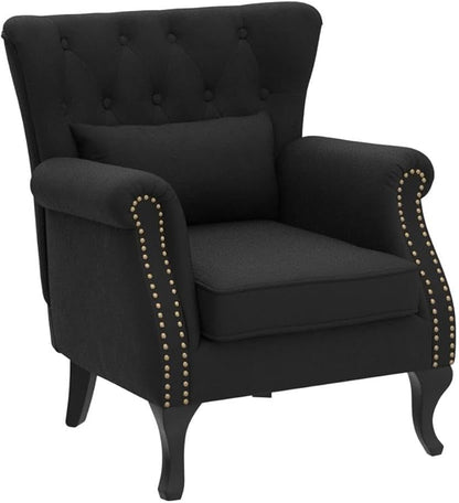Accent Reading Arm Chairs for Living Room Bedroom, Midcentury Modern Comfy Corner Sofa Chair, Wingback Waiting Room Club Chair with Button Tufted Back &Lumbar Pillow, Velvet Black