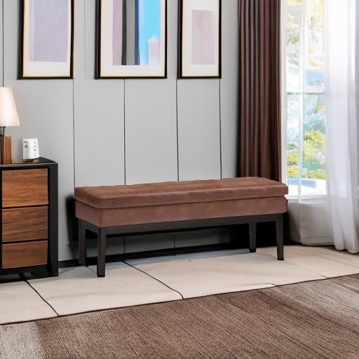 SIMPLIHOME Carlson 45-inch Wide Vegan Faux Leather Ottoman Bench in Distressed Black with Solid Wood Frame for Living Room, Entryway, or Bedroom