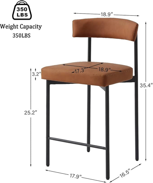 Brown Modern Bar Stools Set of 2, 24 Inch Faux Leather Counter Stools with Curved Backrest, Counter Height Bar Stool for Kitchen Island