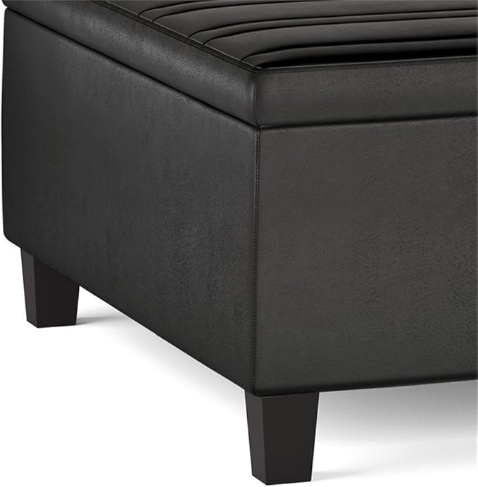 SIMPLIHOME Ellis 36 inch Wide Contemporary Square Coffee Table Storage Ottoman in Distressed Black Vegan Faux Leather, Assembled, for The Living Room and Bedroom