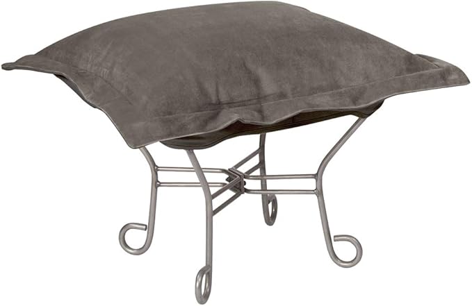 Howard Elliott Scroll Puff Ottoman Chair With Cover, Multipurpose Alternate Seating Footstool Footrest Chair with Titanium Frame, Patio Furniture for Camping, Home, Indoor & Outdoor, Bella Pewter