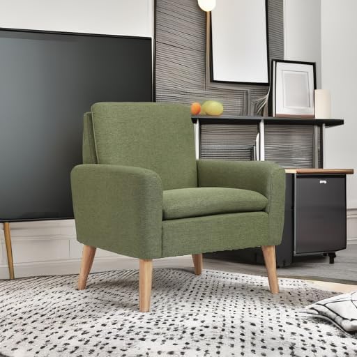 Lohoms Mid Century Accent Chair, Linen Upholstered Green Armchair for Living Room or Bedroom, Comfy Modern Sofa Chair for Guest Room, Reading Nook, or Waiting Area