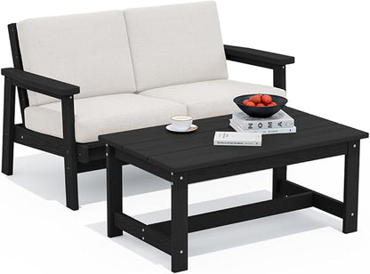 SERWALL Outdoor Loveseat, Black Frame and Khaki Cushion