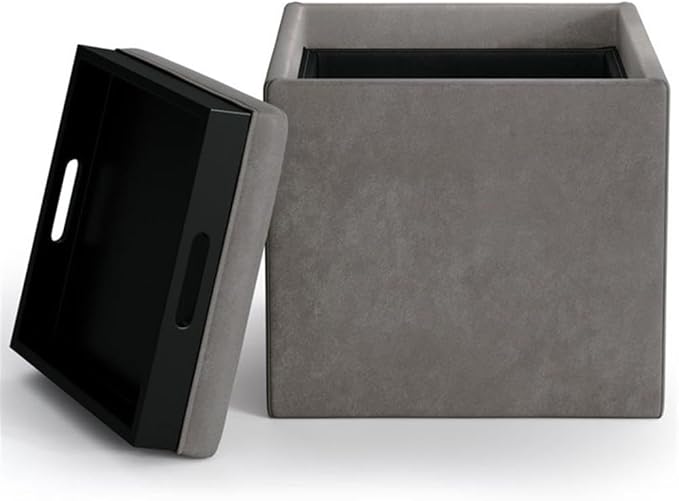 SIMPLIHOME Rockwood 18 inch Wide Contemporary Square Cube Storage Ottoman with Tray in Distressed Slate Grey Vegan Faux Leather, Assembled, for the Living Room, Entryway and Family Room