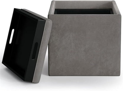 SIMPLIHOME Rockwood 18 inch Wide Contemporary Square Cube Storage Ottoman with Tray in Distressed Slate Grey Vegan Faux Leather, Assembled, for the Living Room, Entryway and Family Room