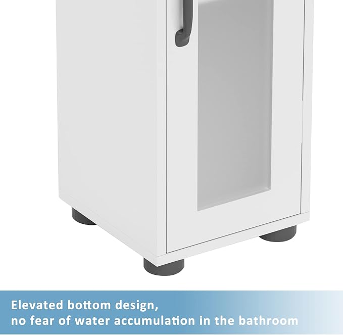 Maupvit Bathroom Storage Cabinet with 2 Frosted Glass Doors, Tall Narrow Storage Cabinet with Doors and Shelves Adjustable, Slim Bathroom Cabinet for Small Spaces, 8 Compartments (White)