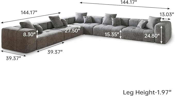 WJShome Oversized Modular Sectional Sofa, V Shaped Couch with Ottoman,Sectional Couches for Living Room,Large Linen Deep Seat with Pillow Couches for Home,Spacious Space,Gray