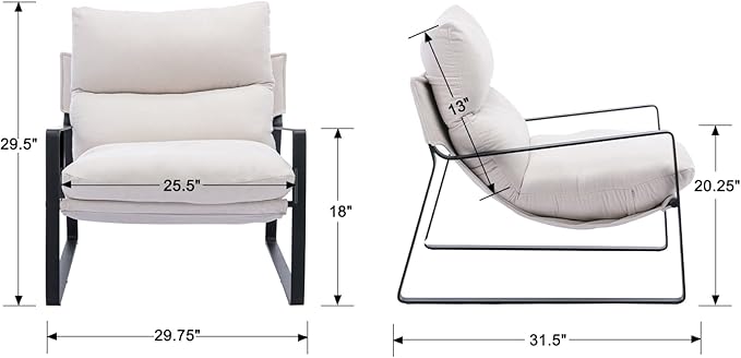 Mid-Century Accent Chair Set of 2, Comfy Side Chair with Armrest Chenille Fabric, Upholstered Leisure Chair with Black Metal Frame for Living Room Bedroom Reception Room, White